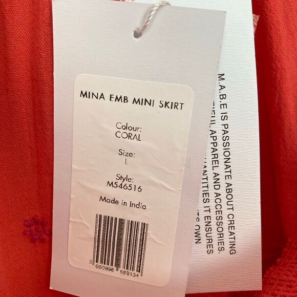 M.A.B.E. NWT Mina Embroidered Mini Tiered Skirt Coral 100% Cotton Boho Chic sz L - Picture 6 of 10
